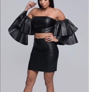 Ruffle sleeve faux leather crop top